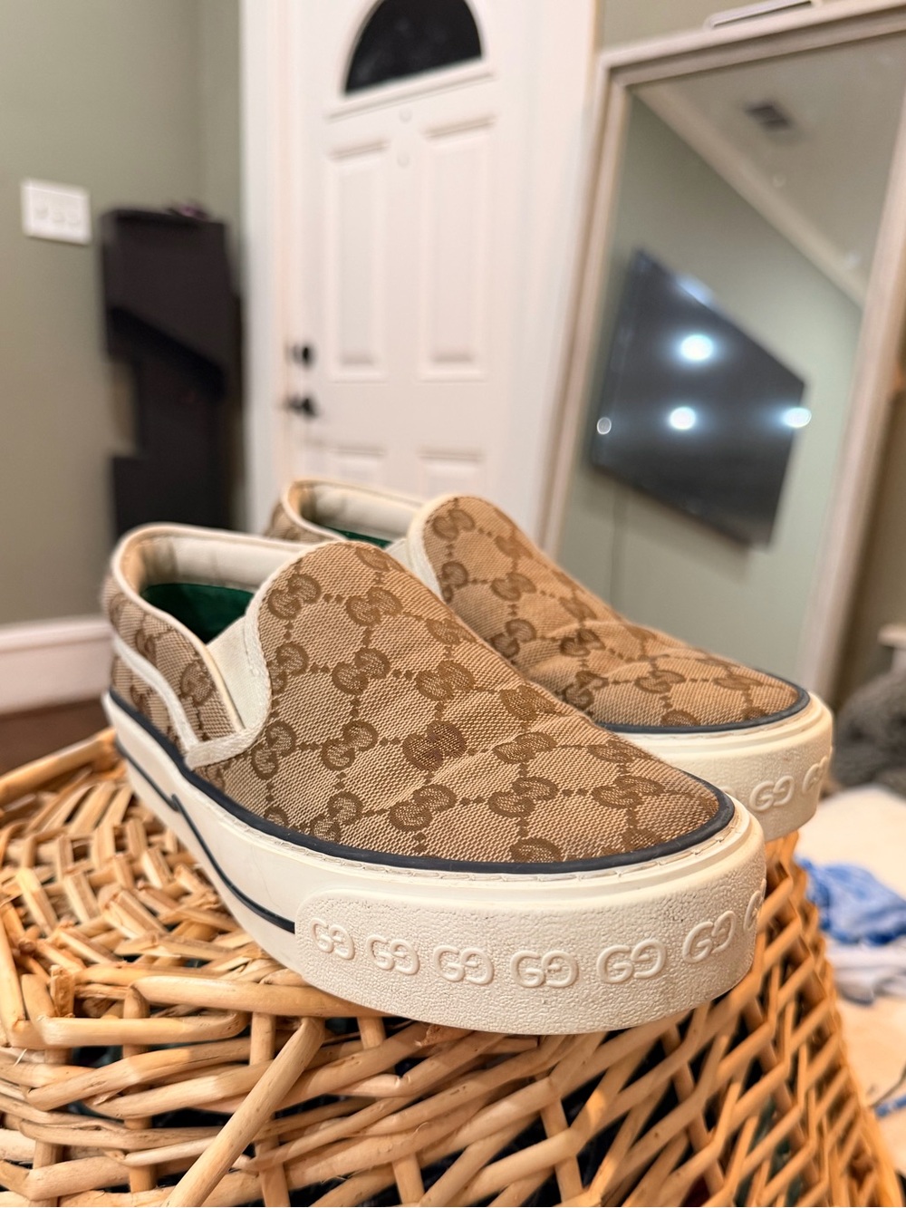 Gucci Beige & Brown GG Canvas Slip-On Sneakers